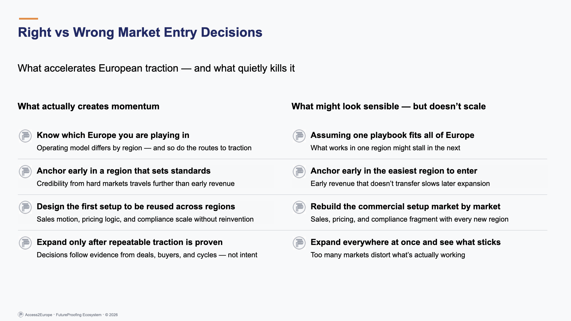 FutureProofing – Access2Europe | Right vs wrong European market entry decisions, showing how early choices drive scalable traction or create friction across regions