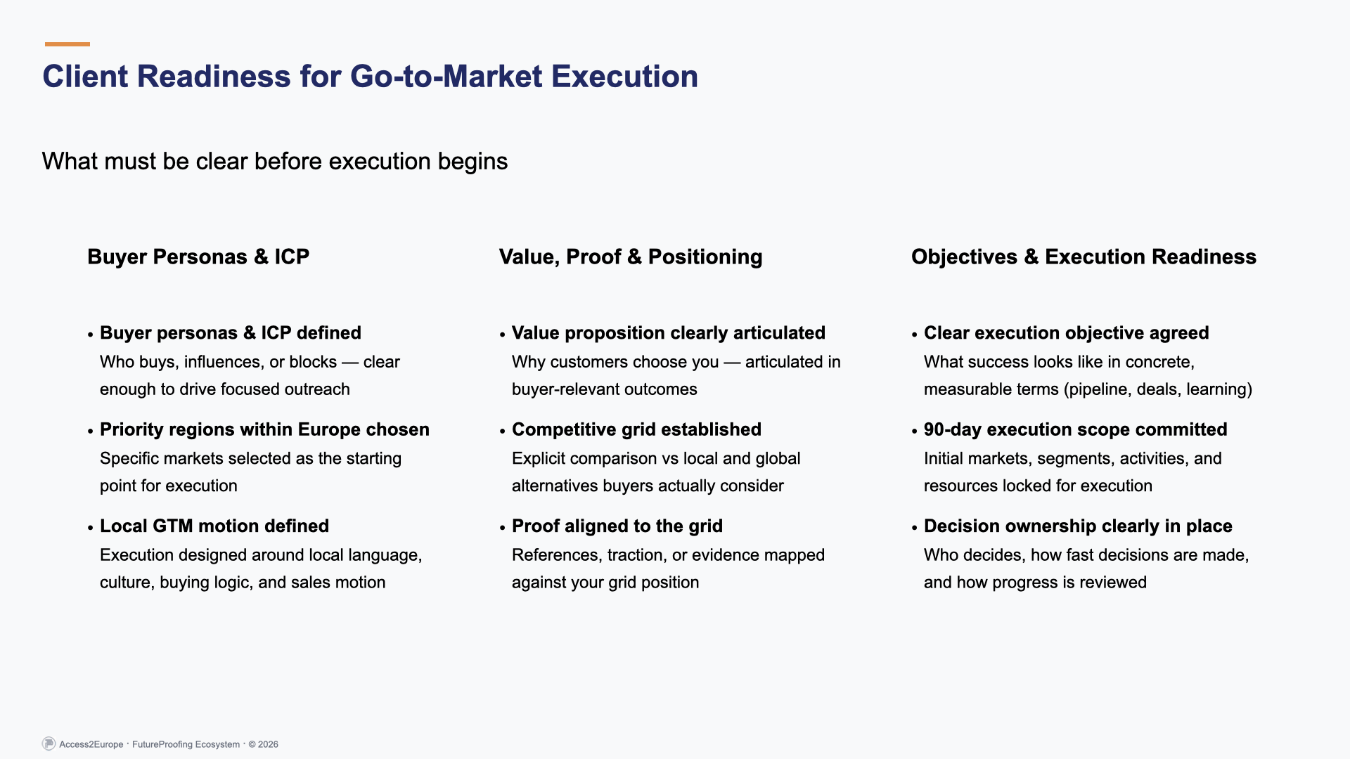 FutureProofing – Access2Europe | Go-to-market readiness framework for European market entry, covering buyer personas, Ideal Customer Profile (ICP), value proposition, positioning, and execution alignment before launch