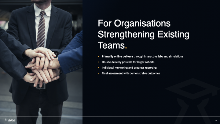 FutureProofing – Trivian | In-company cybersecurity training for organisations strengthening existing teams through online labs and simulations, optional on-site delivery, mentoring and final assessment with demonstrable outcomes